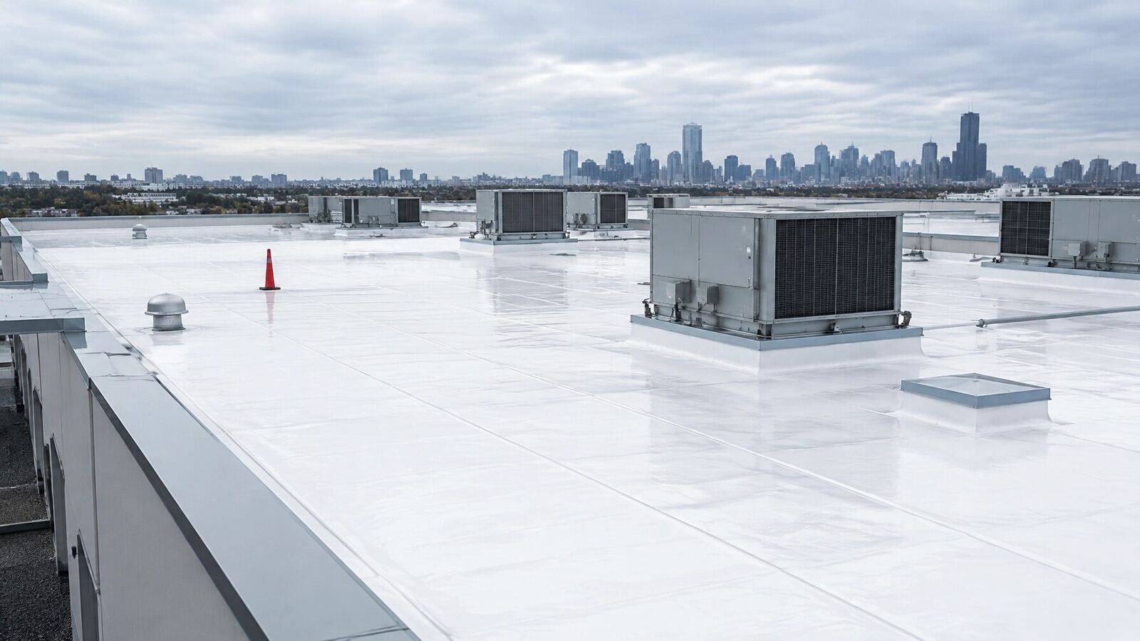 White reflective commercial roof with HVAC units and a city skyline
