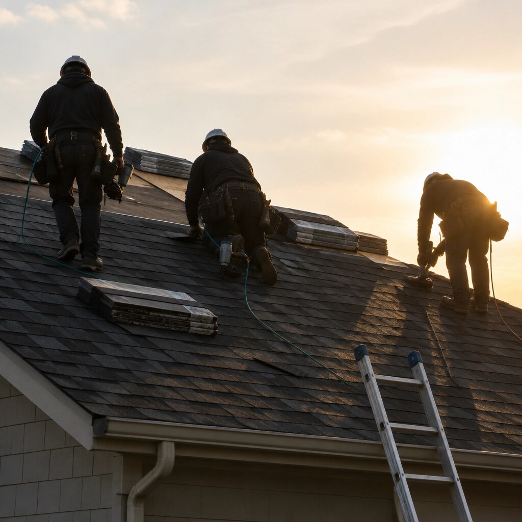 Roofing crew installing shingles in silhouette at sunset