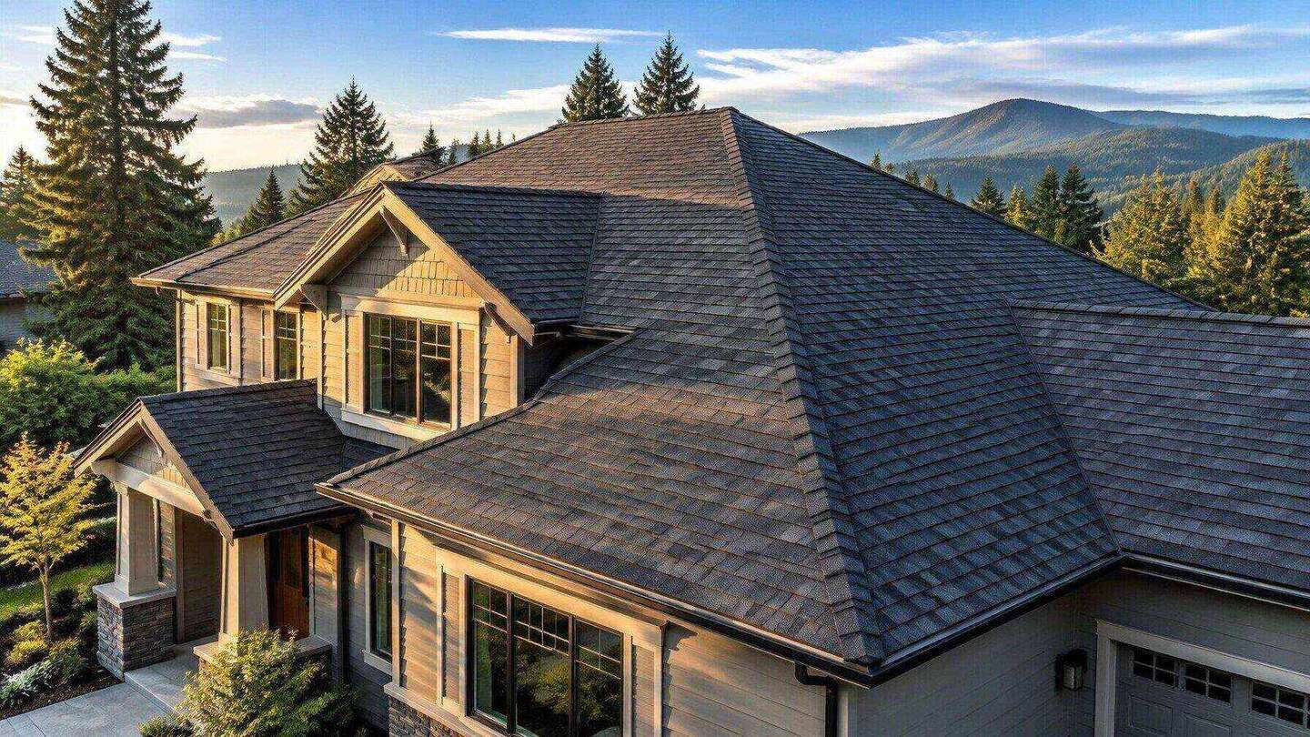 Finished residential home with a dark charcoal shingle roof and mountains behind it