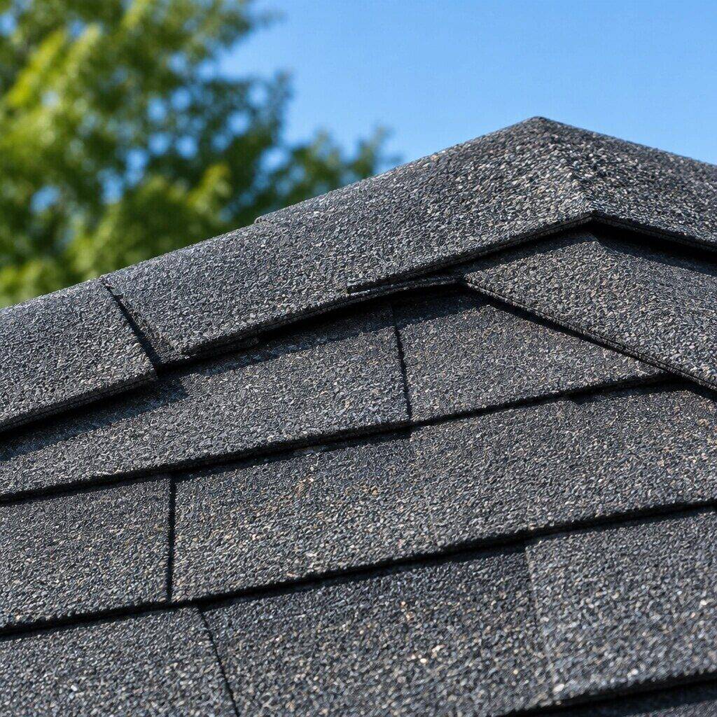 Close-up of dark architectural shingles against a blue sky